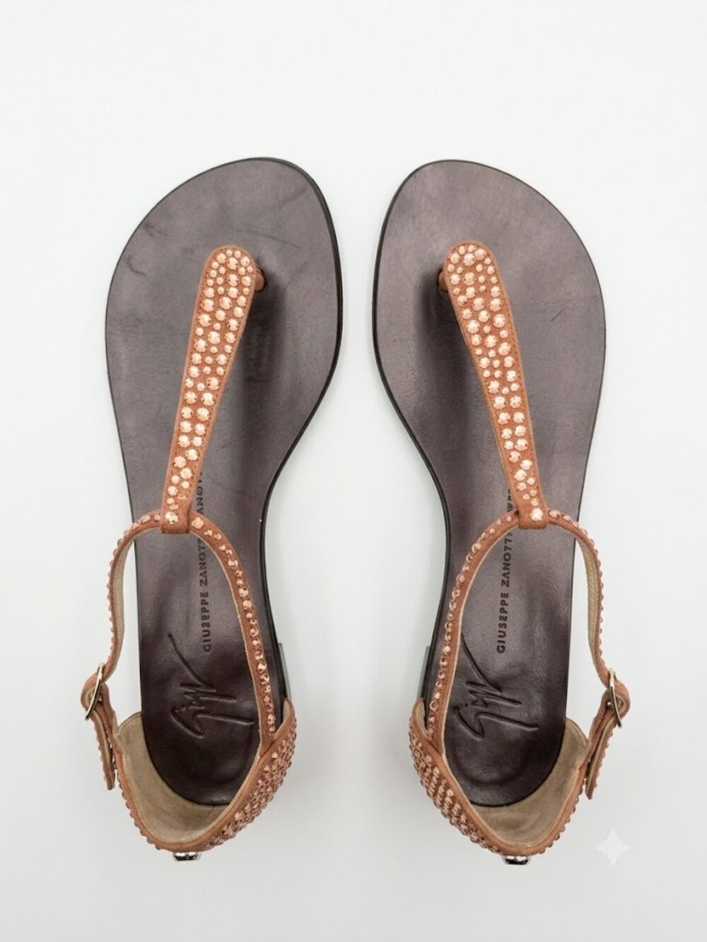 Giuseppe Zanotti Shoes Crystal Embellished T Strap Flat Sandals Rose Gold 36